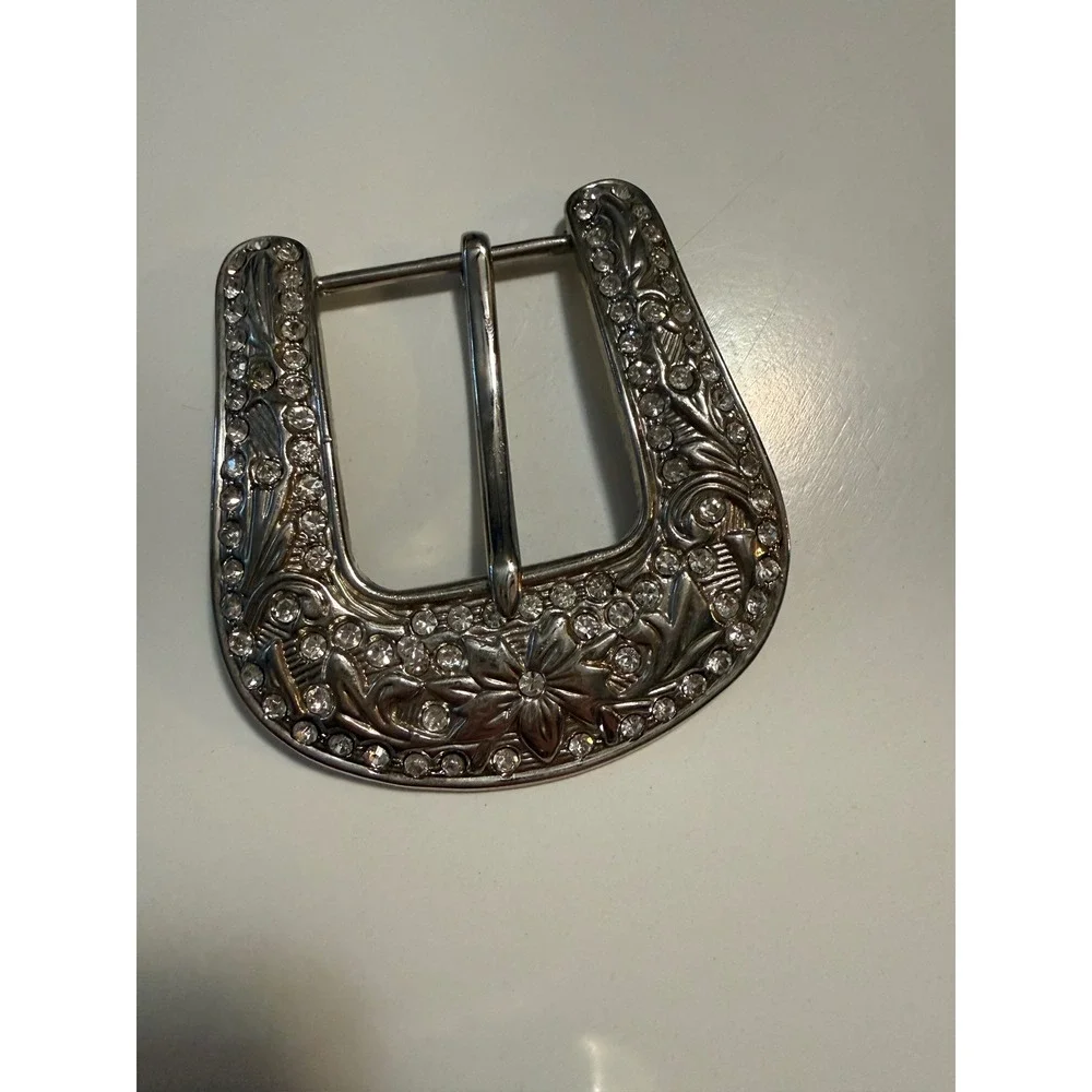 Western Floral Rhinestone Belt Buckle Set Silver Tone Engraved Cowgirl Hardware